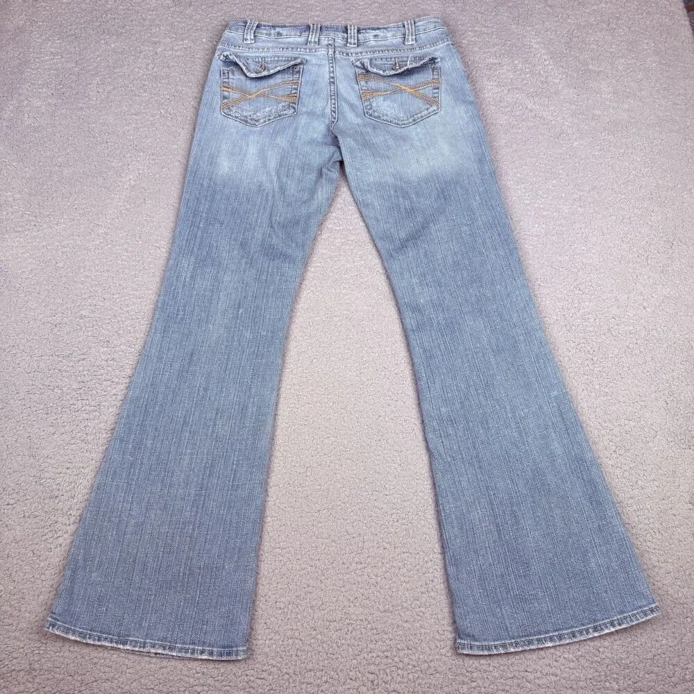 Aeropostale Flare Jeans Womens 3/4S Light Wash Low Rise Y2K Stretch Denim Flap